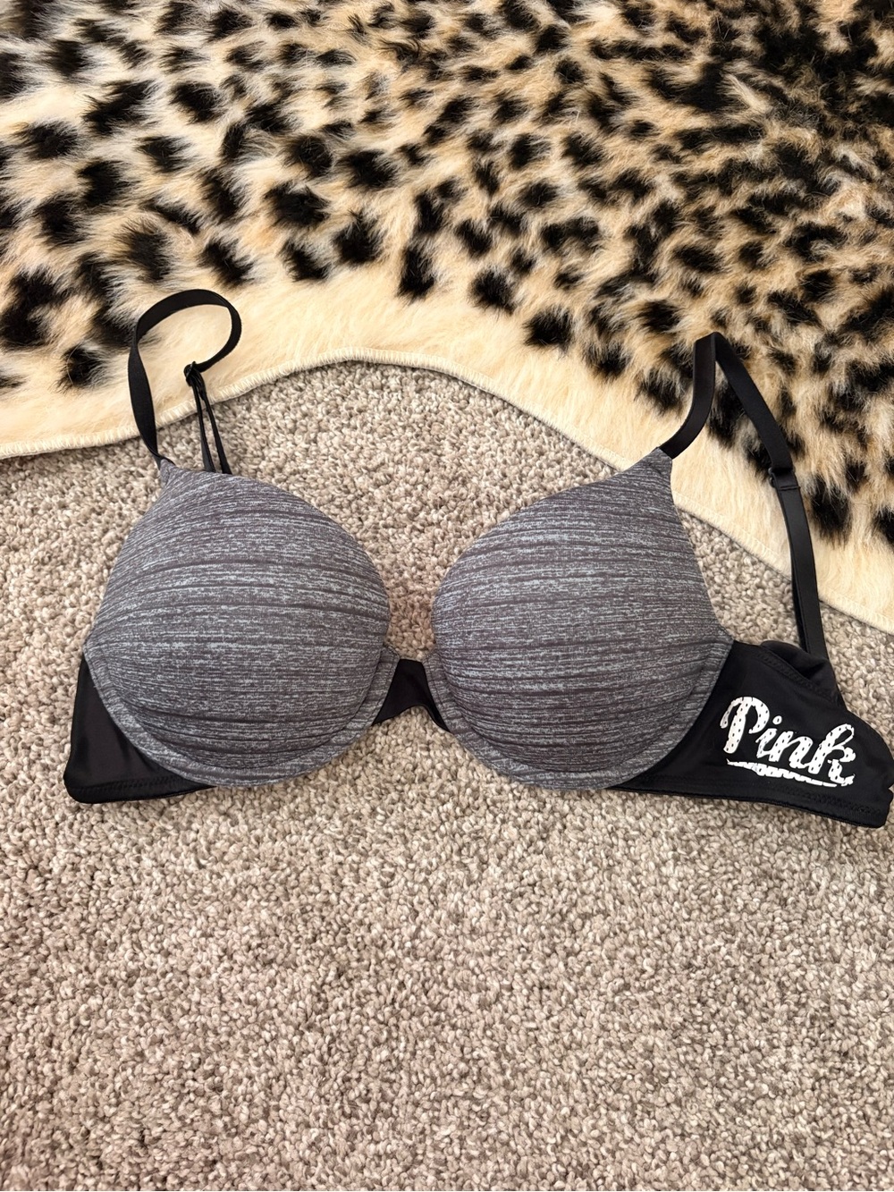 PINK Victoria's Secret Gray Heather Push-Up Bra with Black Band